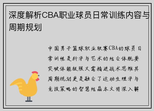 深度解析CBA职业球员日常训练内容与周期规划